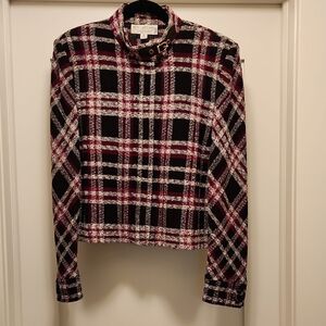 St. John Collection Tartan Blazer in Black, Burgundy, and White
